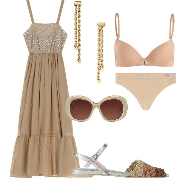 Outfit donna - A spasso per la città. Stile Casual per Tutti i giorni. Abbinamento con sandali in pelle, occhiali da sole, reggiseni push-up, perizomi, vestiti lunghi, orecchini.