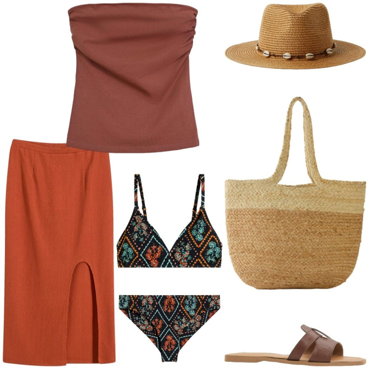 Outfit donna - Terracotta. Stile Etnico per Mare. Abbinamento con bikini, ciabatte, gonne longuette, shopping bag, cappelli, top.