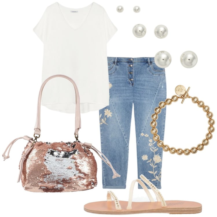 Outfit donna - Jeans comoda. Stile Casual per Tutti i giorni. Abbinamento con borse a mano, sandali in pelle, orecchini, braccialetti, jeans, t-shirt.