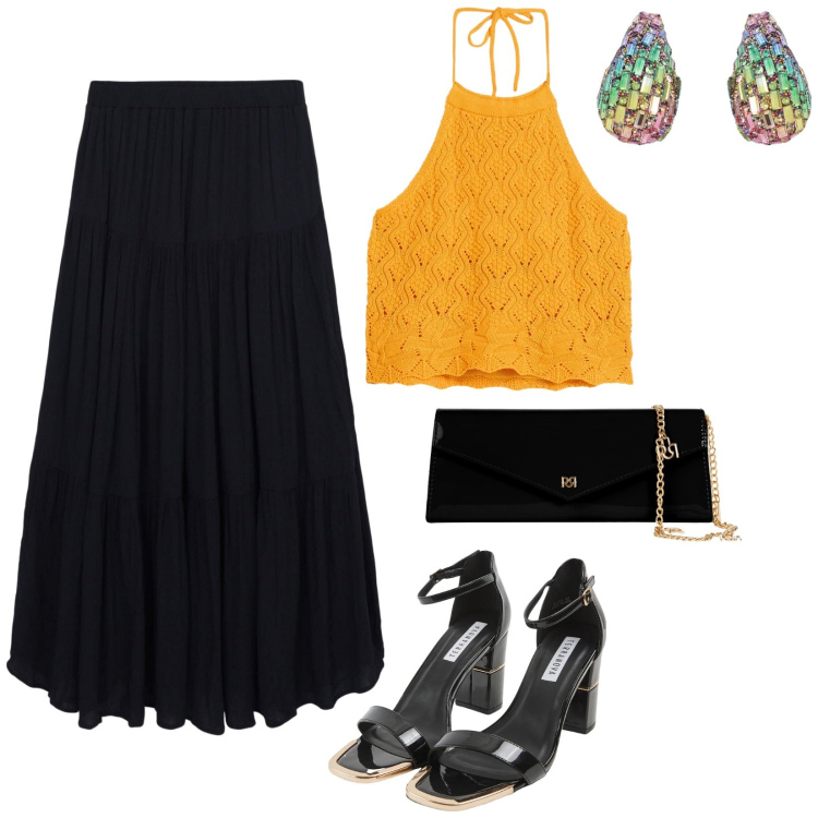 Outfit donna - Serate estive. per Serata fuori. Abbinamento con top, gonne lunghe, sabot, pochette, orecchini.
