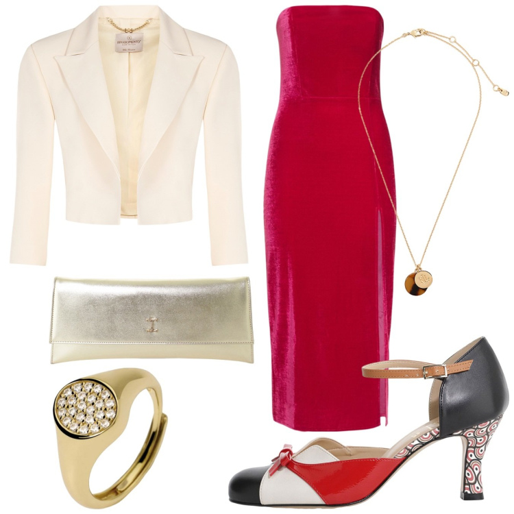 Outfit donna - Abito rosso. Stile Chic per Cerimonia. Abbinamento con anelli, bolero, pochette, décolleté, collane, vestiti midi/longuette.