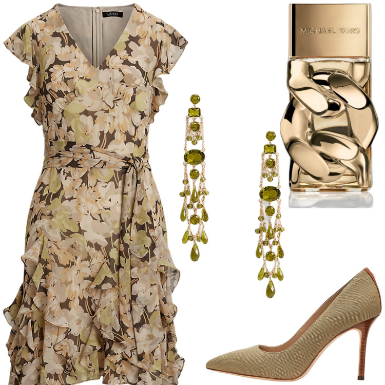 Outfit donna - Orecchini pendenti. Stile Glamour per Ufficio. Abbinamento con profumi, vestiti, décolleté, orecchini.
