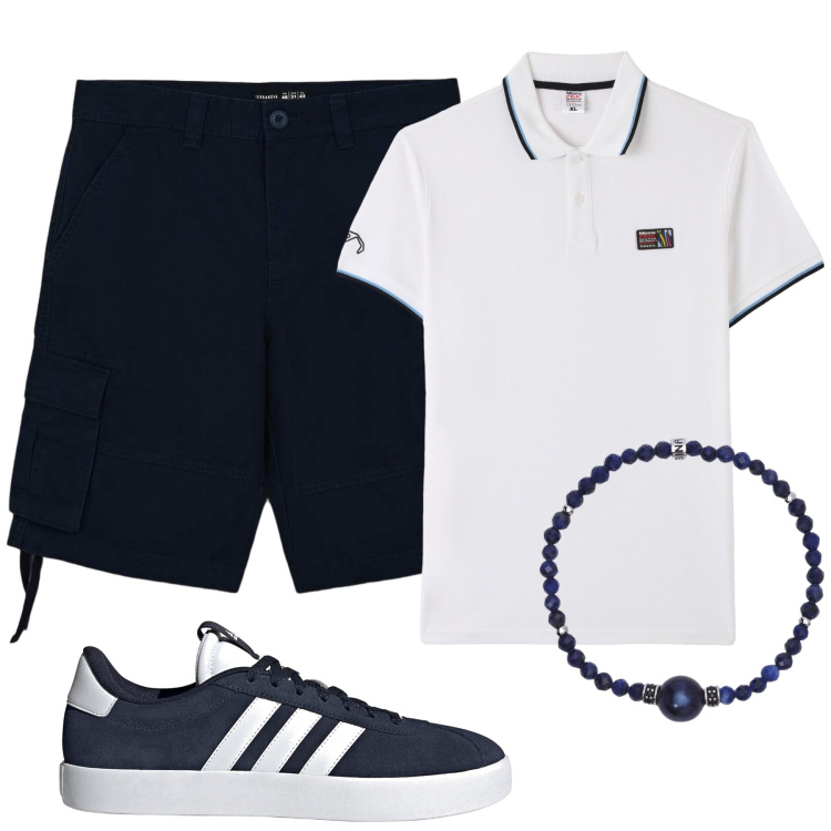 Outfit uomo - Polo bianca. Stile Trendy per Tutti i giorni. Abbinamento con polo, bermuda, braccialetti, sneakers.