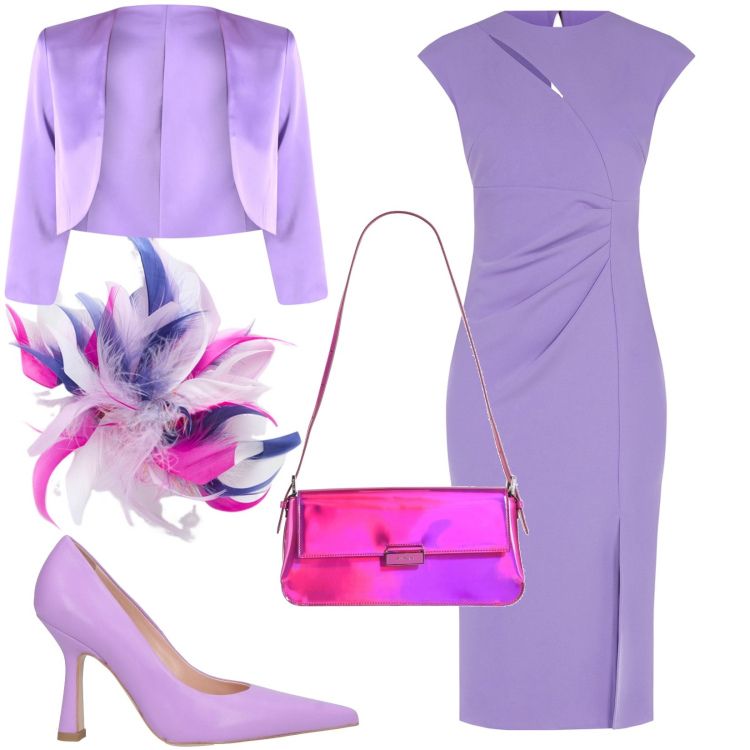 Outfit donna - Elegante in lilla. Stile Romantica per Cerimonia. Abbinamento con décolleté, borse a spalla, vestiti midi/longuette, bolero, accessori per capelli.