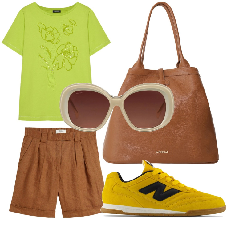 Outfit donna - City break. Stile Casual chic per Tutti i giorni. Abbinamento con bermuda, occhiali da sole, sneakers, borse tote, t-shirt.