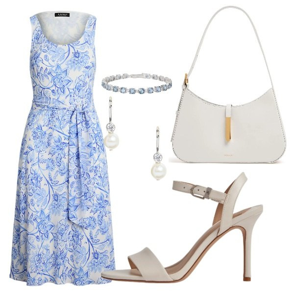 Outfit donna - leggera. Stile Casual chic per Serata fuori. Abbinamento con braccialetti, vestiti senza maniche, sandali in pelle, orecchini, borse a spalla.