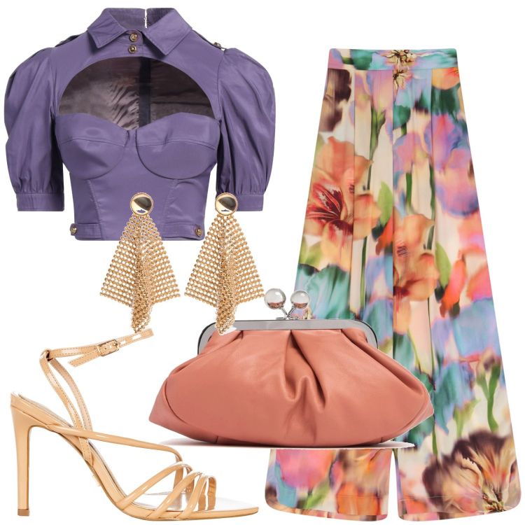 Outfit donna - Wedding guest. Stile Glamour per Cerimonia. Abbinamento con top, sandali col tacco, pantaloni a palazzo, pochette, orecchini.