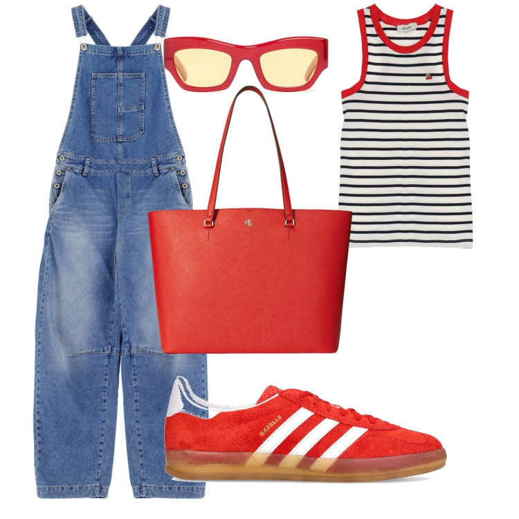 Outfit donna - City break. Stile Casual per Tutti i giorni. Abbinamento con salopette, top, borse tote, occhiali da sole, sneakers.