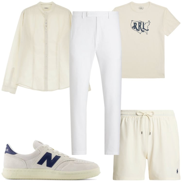 Outfit uomo - Total white al mare. Stile Trendy per Mare. Abbinamento con sneakers, camicie, costumi, pantaloni, t-shirt.