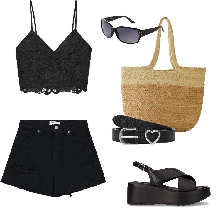 Outfit donna - Total look #2188224. Stile Rock per Serata fuori. Abbinamento con shopping bag, occhiali da sole, shorts, cinture, top, sandali.