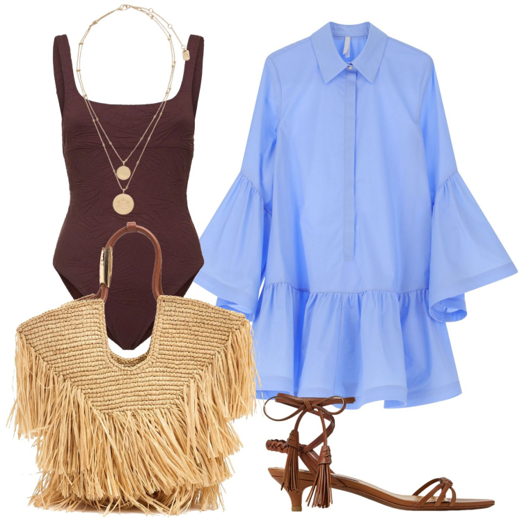 Outfit donna - Boho chic in spiaggia. Stile Boho per Mare. Abbinamento con vestiti chemisier, sandali col tacco, ciondoli, costumi interi, borse tote.