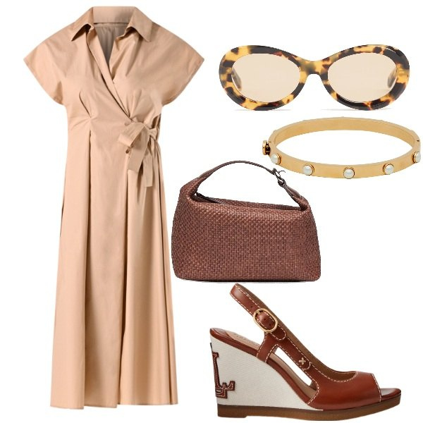 Outfit donna - Chemisier annodato. Stile Chic per Ufficio. Abbinamento con braccialetti, vestiti chemisier, sandali in pelle, pochette, occhiali da sole.