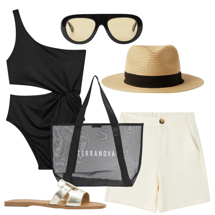 Outfit donna - Intero con cut-out. Stile Minimal per Mare. Abbinamento con ciabatte, bermuda, shopping bag, costumi interi, cappelli, occhiali da sole.