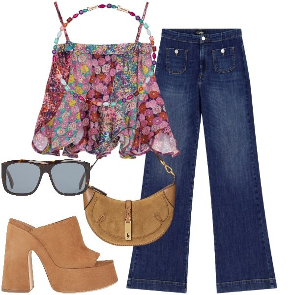 Outfit donna - Hippy. Stile 70s per Tutti i giorni. Abbinamento con sandali in pelle, collane, jeans a zampa, canottiere, borse a spalla, occhiali da sole.