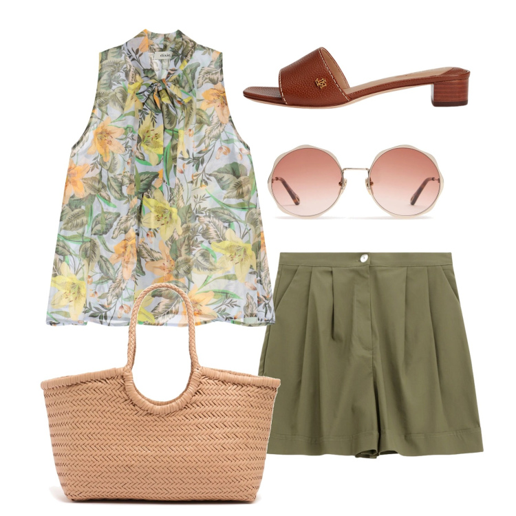 Outfit donna - Una giornata piena. Stile Bon Ton per Tutti i giorni. Abbinamento con shorts, top, sandali in pelle, shopping bag, occhiali da sole.