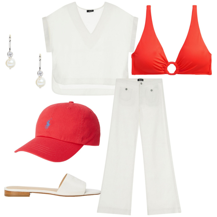 Outfit donna - Accessori protagonisti. Stile Casual chic per Tutti i giorni. Abbinamento con pantaloni a palazzo, camicie a manica corta, cappelli, ciabatte, bikini, orecchini.