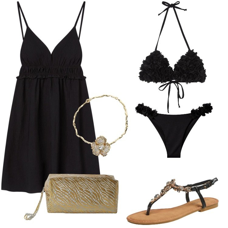 Outfit donna - Total look #2188241. Stile Boho per Mare. Abbinamento con bikini, vestiti corti, bikini, pochette, sandali gioiello, collane.