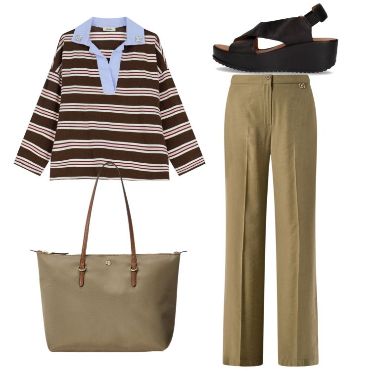 Outfit donna - In montagna. Stile Bon Ton per Tutti i giorni. Abbinamento con maglieria, pantaloni, borse tote, sandali.