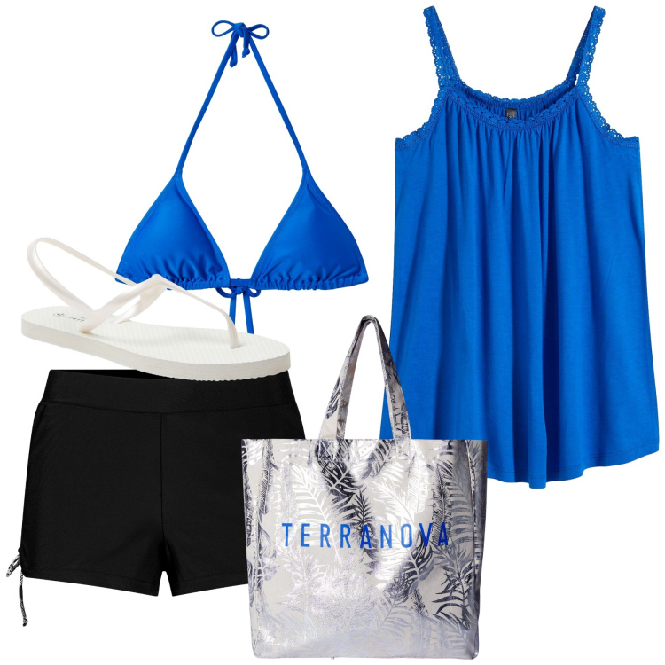 Outfit donna - Savoy. Stile Basic per Mare. Abbinamento con top, pantaloni corti, sandali, borse tote, bikini.
