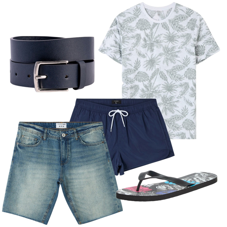 Outfit uomo - Mareblu. Stile Casual per Tutti i giorni. Abbinamento con costumi, t-shirt, sandali, bermuda, cinture.