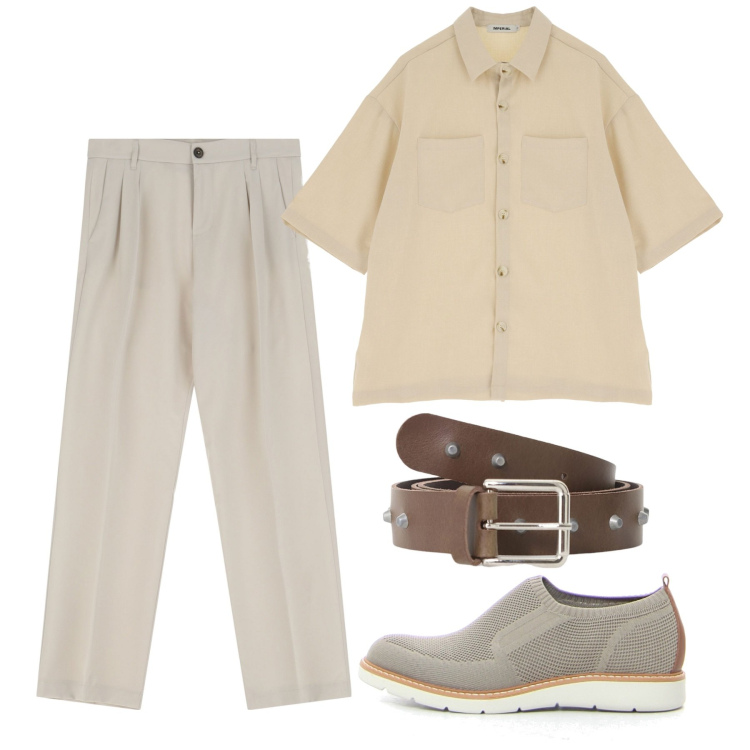 Outfit uomo - Giugno. Stile Casual per Tutti i giorni. Abbinamento con pantaloni, cinture, camicie a manica corta, scarpe stringate.