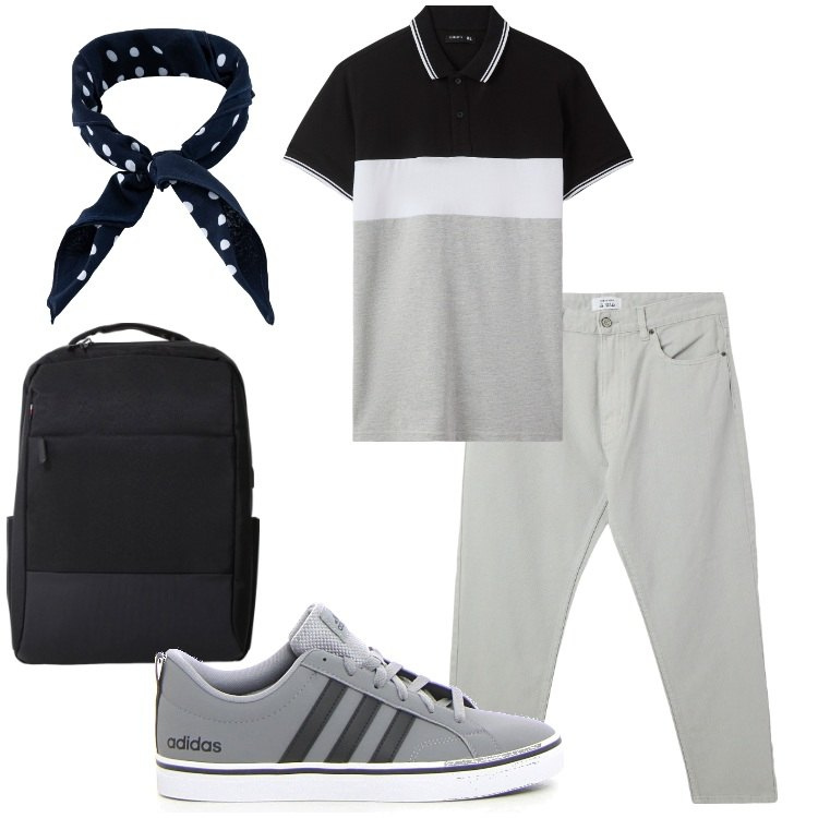 Outfit uomo - Weekend in stile resort. Stile Trendy per Tutti i giorni. Abbinamento con pantaloni, polo, borse sportive, sciarpe e foulard, sneakers.