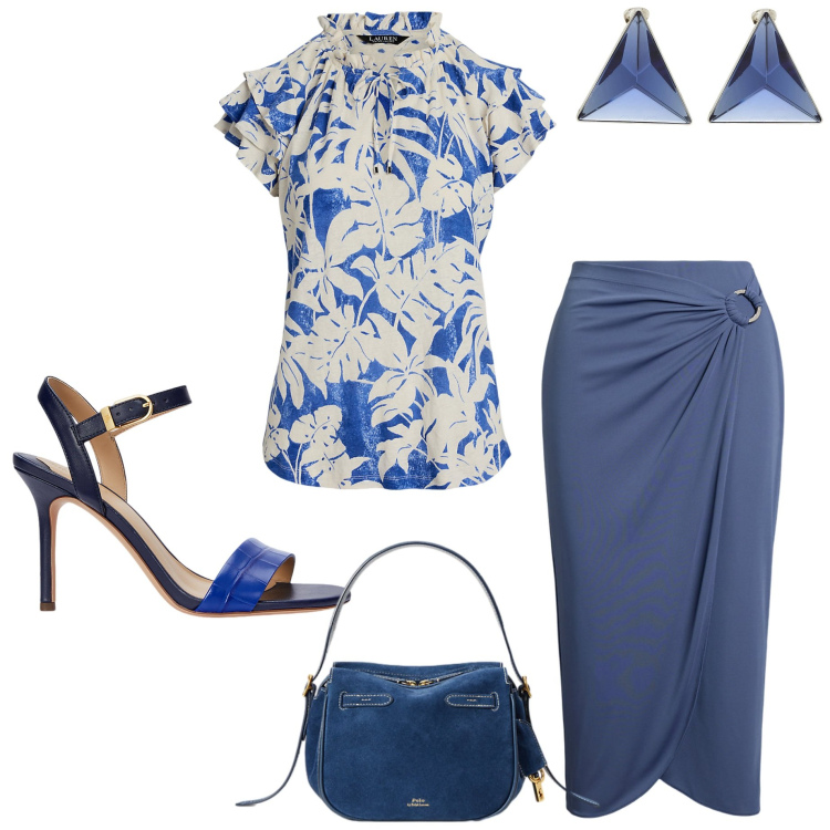 Outfit donna - A cena fuori. Stile Chic per Serata fuori. Abbinamento con orecchini, gonne, top, borse a mano, sandali in pelle.