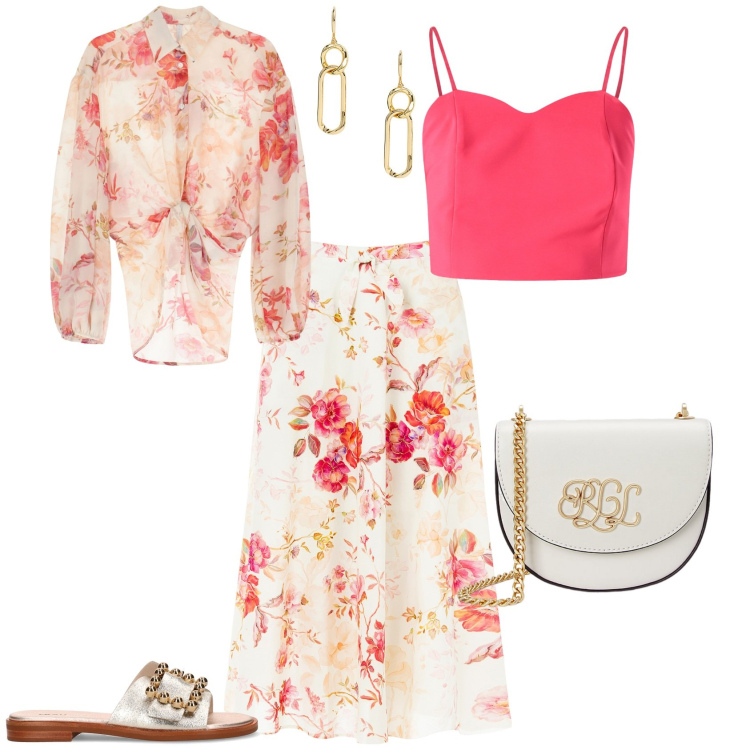 Outfit donna - Total look #2188273. Stile Romantica per Tutti i giorni. Abbinamento con camicie, gonne longuette, top, borse a tracolla, orecchini, ciabatte.