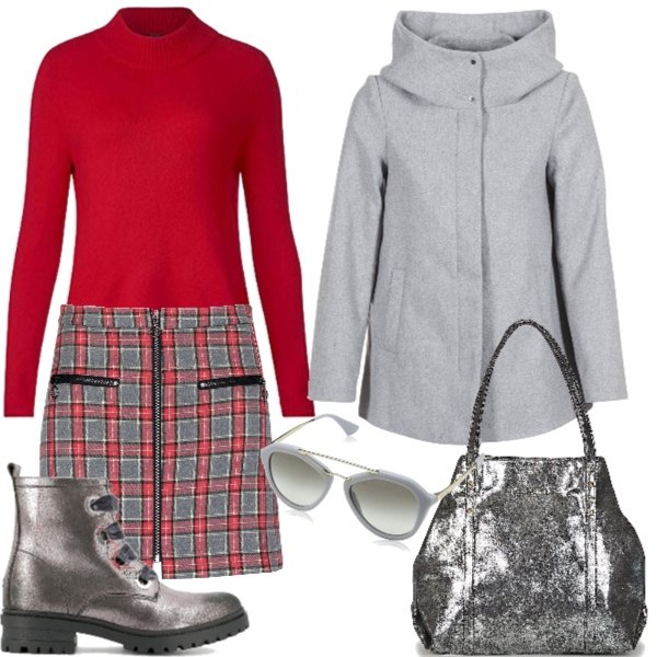 Outfit donna - Gonna scozzese e stivaletti. Stile Trendy per Serata fuori. Abbinamento con minigonna, borsa argento, cappotto grigio, stivaletti effetto metallizzato con lacci in velluto, maglione rosso, occhiali da sole grigio.