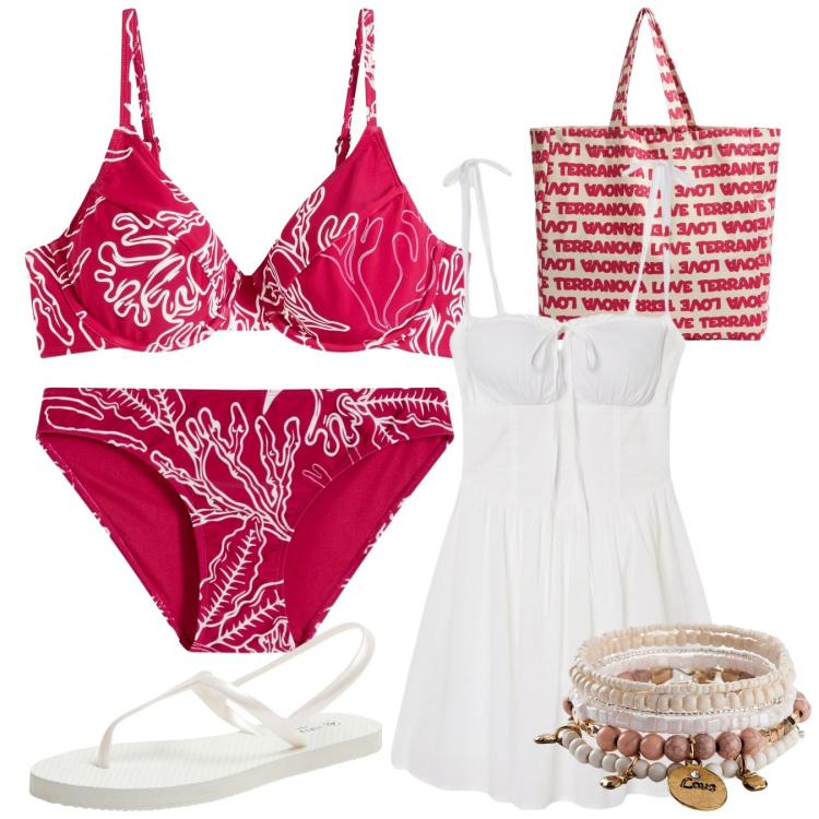 Outfit donna - Giornata al mare. Stile Casual per Mare. Abbinamento con braccialetti, bikini, bikini, vestiti corti, sandali, borse tote.