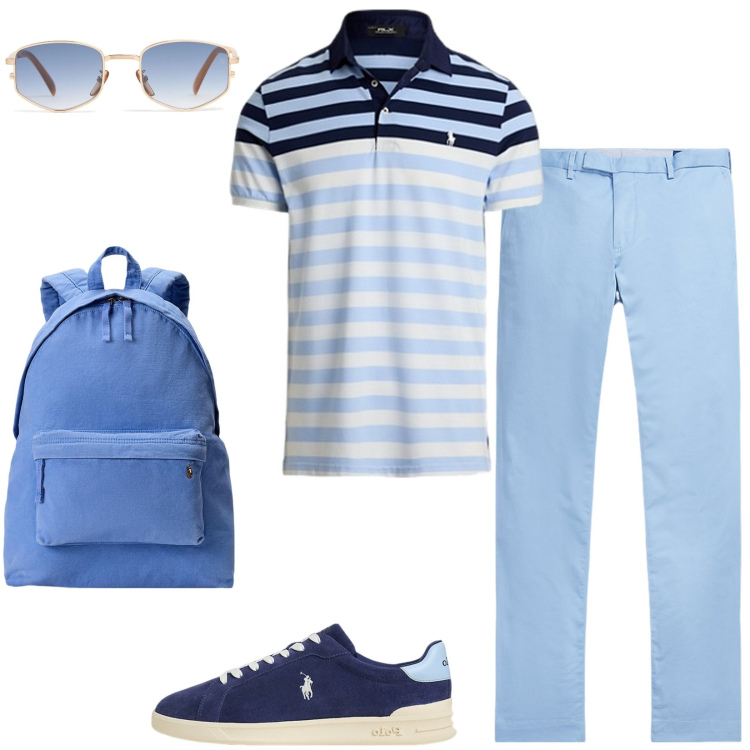 Outfit uomo - Weekend. Stile Casual per Tutti i giorni. Abbinamento con pantaloni chino, sneakers, borse sportive, polo, occhiali da sole.