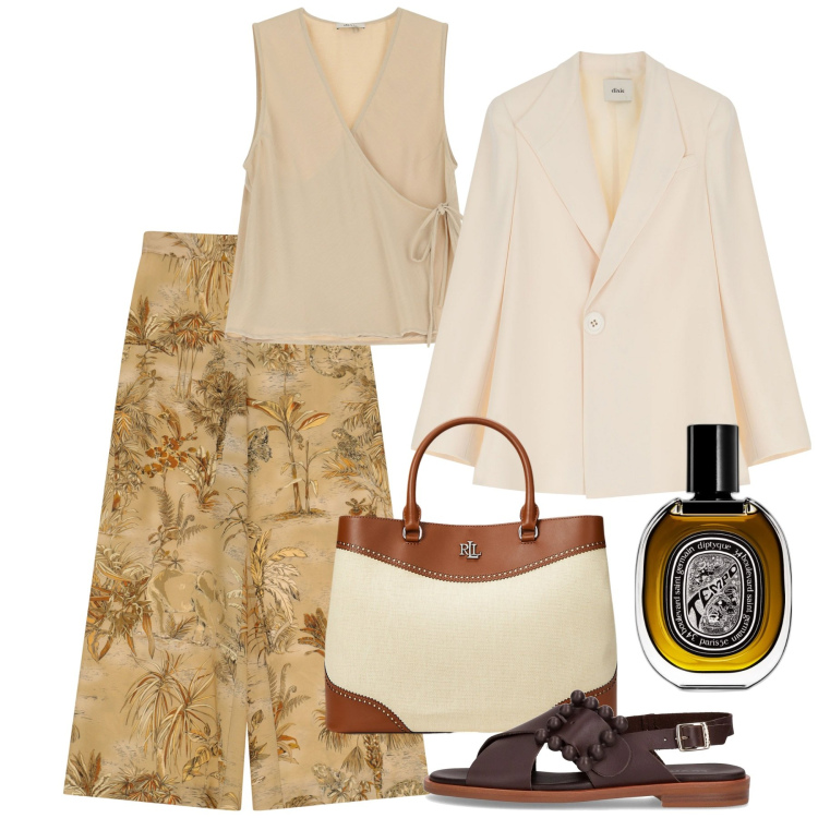 Outfit donna - Giugno. Stile Bon Ton per Ufficio. Abbinamento con profumi, pantaloni a palazzo, top, blazer, borse a mano, sandali.
