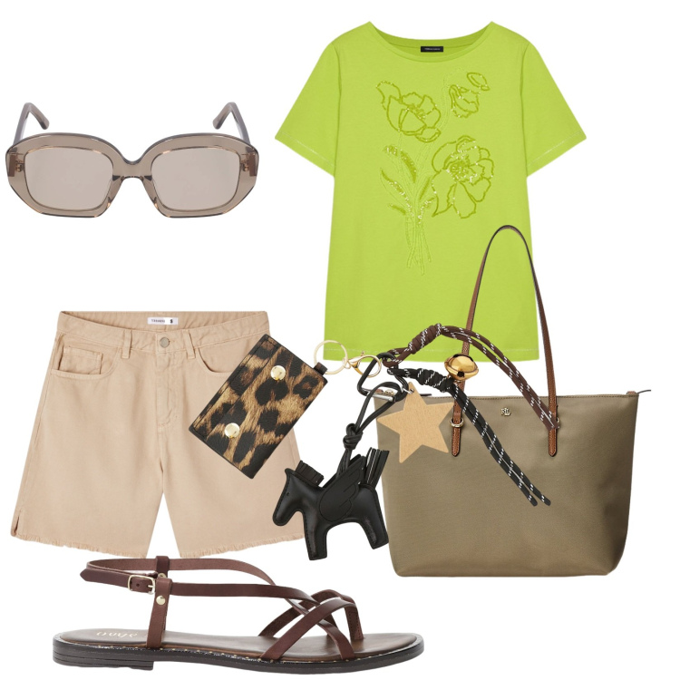 Outfit donna - Il portachiavi sfizioso. per Tutti i giorni. Abbinamento con shorts, sandali, portachiavi, borse tote, t-shirt, occhiali da sole.