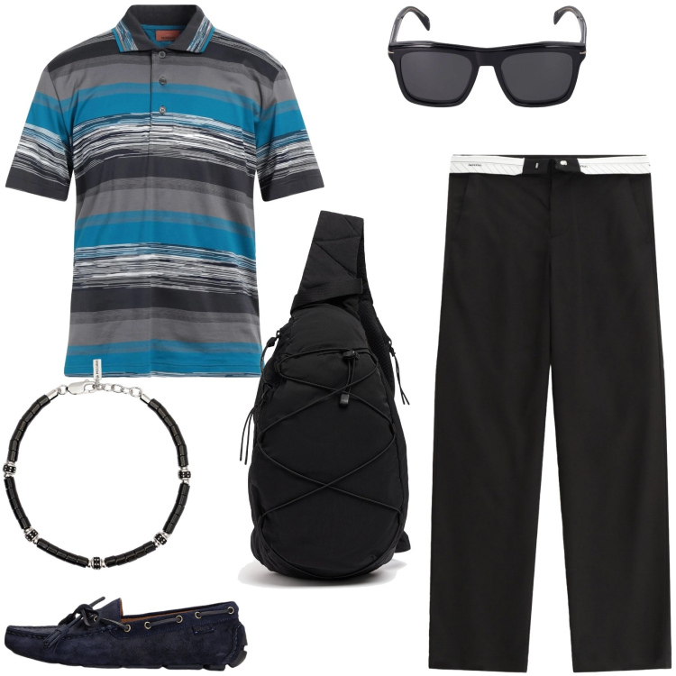 Outfit uomo - Weekend. Stile Casual per Tutti i giorni. Abbinamento con polo, braccialetti, pantaloni, scarpe stringate, occhiali da sole, borse sportive.