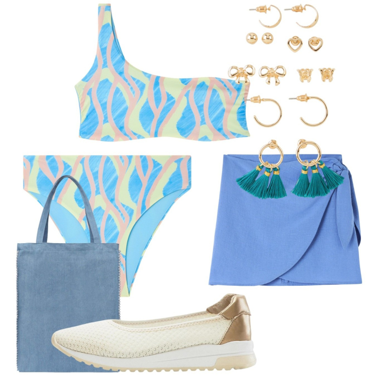 Outfit donna - Costume celeste. Stile Casual per Mare. Abbinamento con ballerine, orecchini, vestiti da spiaggia, bikini, bikini, borse tote.