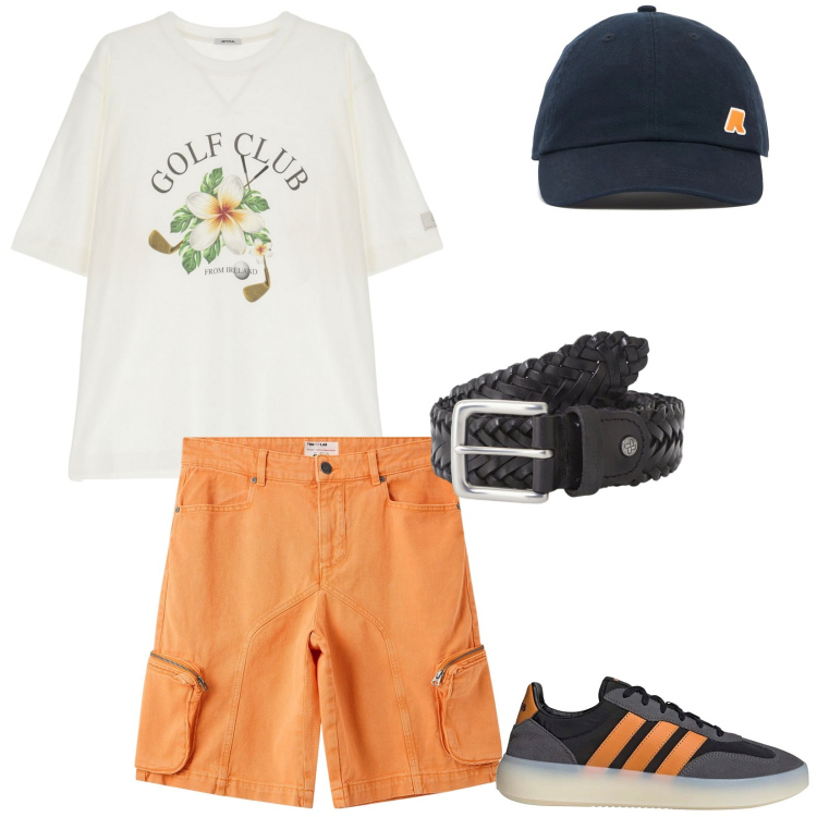 Outfit uomo - Arancione il colore dell\'estate. Stile Casual per Tutti i giorni. Abbinamento con pantaloni corti, t-shirt, cinture, sneakers, cappelli.