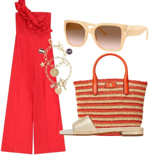 Outfit donna - tuta corallo. Stile Casual per Tutti i giorni. Abbinamento con tute, occhiali da sole, braccialetti con ciondoli, braccialetti, borse tote, ciabatte.