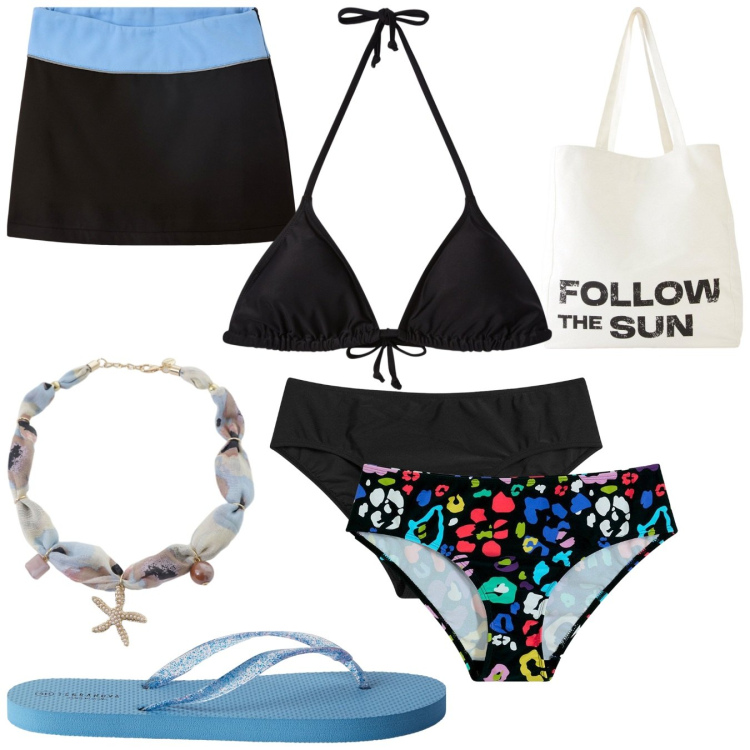 Outfit donna - Costume nero. Stile Casual per Mare. Abbinamento con bikini, shopping bag, infradito, minigonne, bikini, collane.