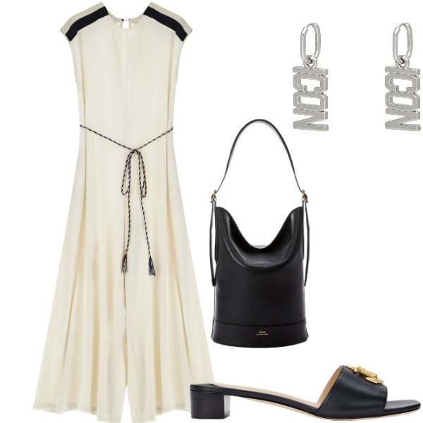 Outfit donna - In bianco e nero. Stile Casual chic per Serata fuori. Abbinamento con orecchini, tute, borse a secchiello, sandali in pelle.