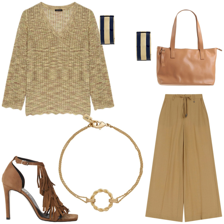 Outfit donna - Serata tra amici. Stile Casual chic per Serata fuori. Abbinamento con borse a mano, décolleté, pantaloni, orecchini, braccialetti, maglieria.