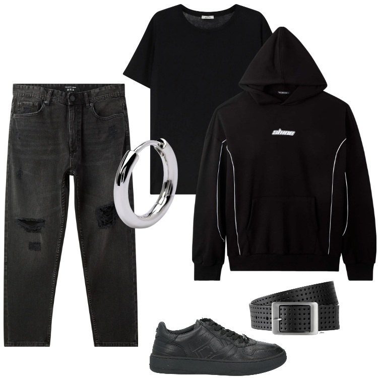 Outfit uomo - Total look #2188337-2. Stile Urban per Tutti i giorni. Abbinamento con cinture, sneakers, jeans strappati, felpe con cappuccio, orecchini, t-shirt.