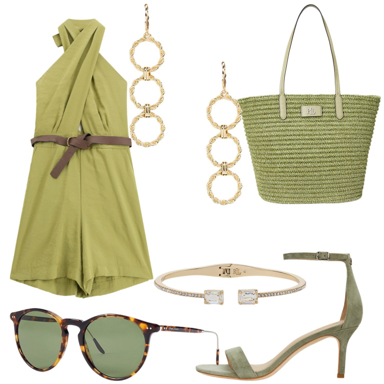 Outfit donna - Total look #2188339. Stile Casual chic per Tutti i giorni. look ideale per Petite. Abbinamento con tute, occhiali da sole, orecchini, sandali in pelle, borse tote, braccialetti.