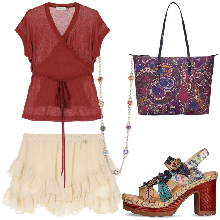 Outfit donna - Total look #2188341. Stile Boho per Tutti i giorni. look ideale per Petite. Abbinamento con collane, minigonne, top, borse tote, sandali col tacco.
