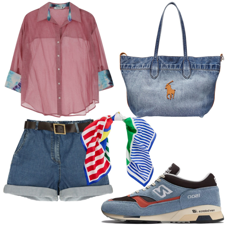 Outfit donna - Total look #2188343. Stile Casual per Tutti i giorni. look ideale per Petite. Abbinamento con sneakers, camicie, bermuda, borse tote, foulard.
