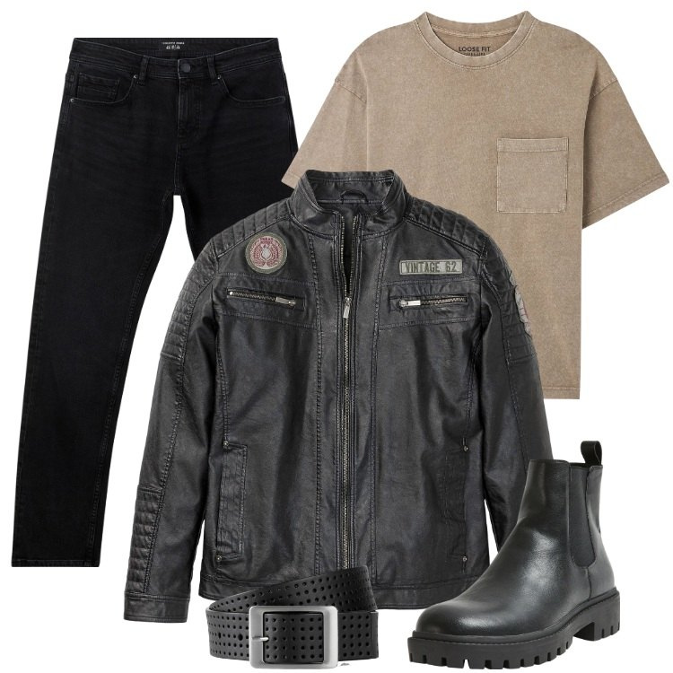 Outfit uomo - Total look #2188345. Stile Biker Rock per Tutti i giorni. Abbinamento con cinture, giacche, t-shirt, jeans, stivali e stivaletti.