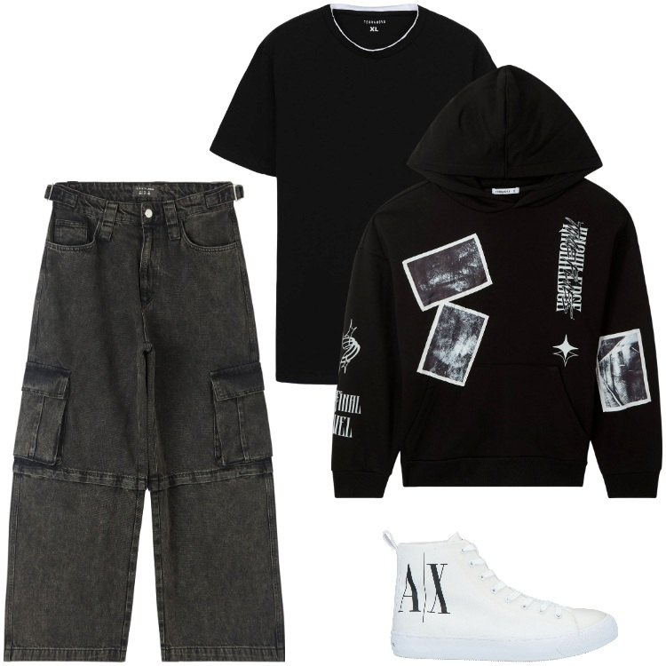 Outfit uomo - Total look #2188351. Stile Trendy per Tutti i giorni. Abbinamento con sneakers alte, jeans, t-shirt, felpe con cappuccio.