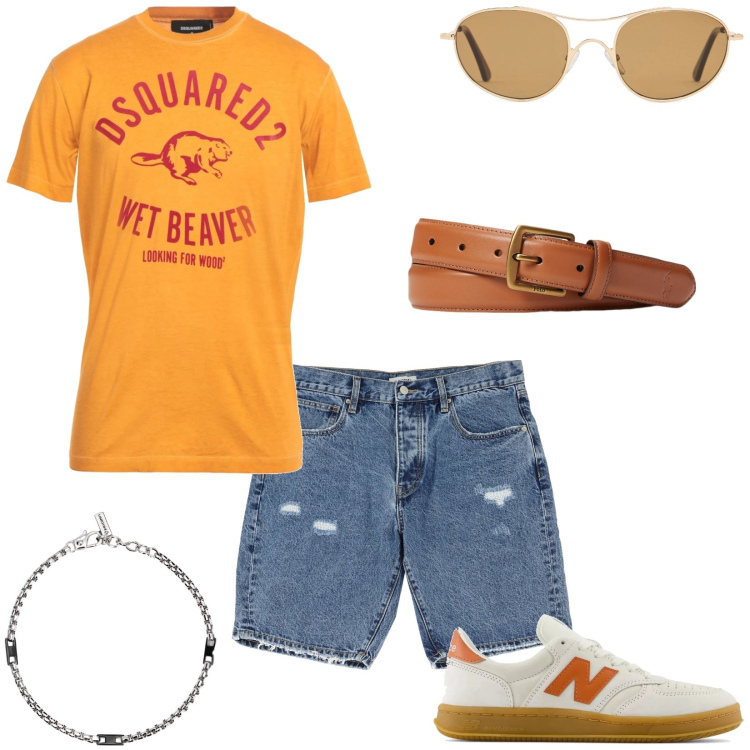 Outfit uomo - Arancione il colore dell\'estate. Stile Casual per Tutti i giorni. Abbinamento con t-shirt, braccialetti, sneakers, bermuda, cinture, occhiali da sole.