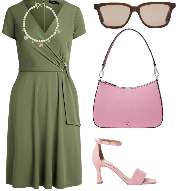 Outfit donna - Cinema all\'aperto. per Serata fuori. Abbinamento con sandali col tacco, ciondoli, borse a spalla, vestiti midi/longuette, occhiali da sole.