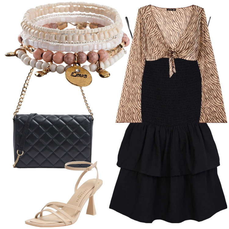 Outfit donna - Aperitivo gipsy. Stile Etnico per Tutti i giorni. Abbinamento con braccialetti, vestiti corti, bolero, sandali col tacco, borse a tracolla.