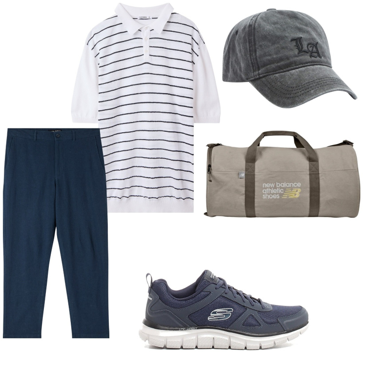 Outfit uomo - Vacanza e non. per Mare. Abbinamento con pantaloni, polo, cappelli, borse sportive, sneakers.